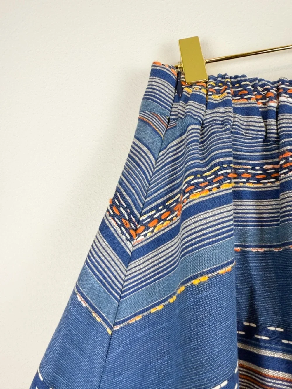 Eva Franco Liv A-Line Blue Striped Embroidered Midi Skirt Southwestern Size 2